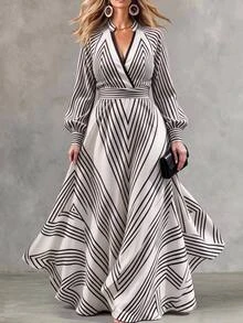 Linhara CURVE Plus Size Geometric Print Long Sleeve Dress - Multicolor - View 3