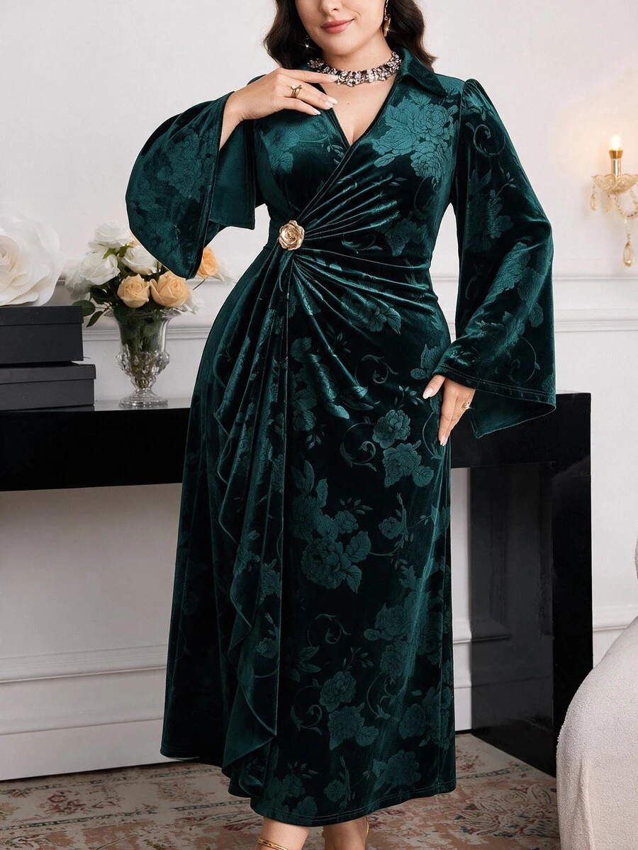 Modelyn Plus Size Women's V-Neck Metal Decor Casual Party Dress - Dark Green - View 1