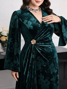 Modelyn Plus Size Women's V-Neck Metal Decor Casual Party Dress - Dark Green - View 5