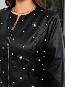 SHEIN Clasi 大尺碼女款人造珍珠裝飾保暖內裡休閒優雅芭蕾舞裙式夾克 冬季夜生活外出穿著 黑色 - 黑色 - 查看 4
