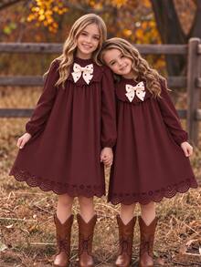 Tween Girl Fall Dress Cute Matching Ruffle Trim Bow Knot Long Sleeve Laser Cut Hem Vintage A-Line Birthday Party Photoshoot Thanksgiving Dark Brown - Brown - View 7