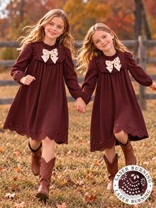 Tween Girl Fall Dress Cute Matching Ruffle Trim Bow Knot Long Sleeve Laser Cut Hem Vintage A-Line Birthday Party Photoshoot Thanksgiving Dark Brown - Brown - View 8