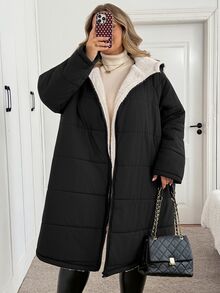 SHEIN CURVE+ Plus Size Winter Hooded Long Sleeve Jacket With Pockets - Black - View 4