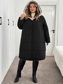 SHEIN CURVE+ Plus Size Winter Hooded Long Sleeve Jacket With Pockets - Black - View 5