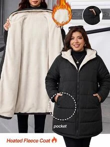 SHEIN CURVE+ Plus Size Winter Hooded Long Sleeve Jacket With Pockets - Black - View 7