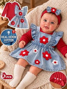 SHEIN Baby Girls Jumpsuit Denim Dress Sets Cute Sweet Red Blue Flower Applique Ruffle Ribbed Flutter Sleeve Round Neck Party Spring Fall - Red - View 3