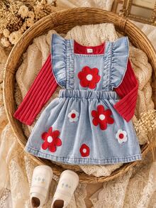 SHEIN Baby Girls Jumpsuit Denim Dress Sets Cute Sweet Red Blue Flower Applique Ruffle Ribbed Flutter Sleeve Round Neck Party Spring Fall - Red - View 5