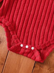 SHEIN Baby Girls Jumpsuit Denim Dress Sets Cute Sweet Red Blue Flower Applique Ruffle Ribbed Flutter Sleeve Round Neck Party Spring Fall - Red - View 8