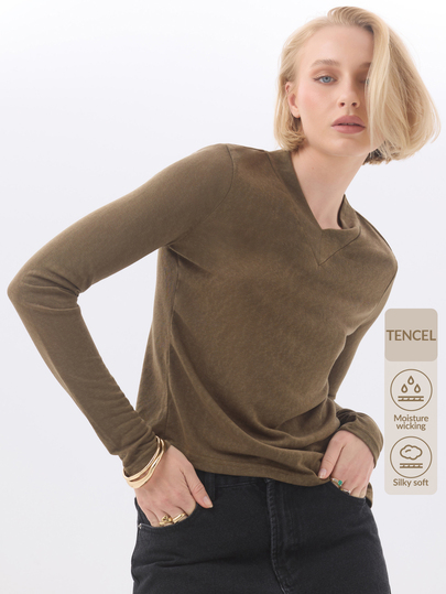 KÆRIA Hus V Neck Side Split Long Sleeve Top - Slub Lyocell Drape - Olive Brown - Layering, Modern, Minimalist