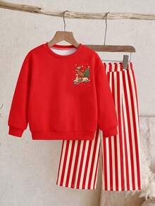 Baby Girls Autumn/Winter Thermal Lined Fashion Christmas Dachshund Print Top And Pants 2 Pieces Set, Suitable For Outings And Other Occasions - Multicolor - View 6