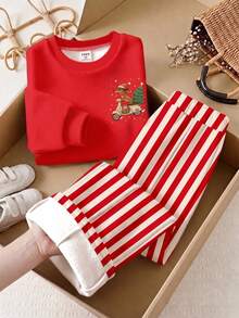 Baby Girls Autumn/Winter Thermal Lined Fashion Christmas Dachshund Print Top And Pants 2 Pieces Set, Suitable For Outings And Other Occasions - Multicolor - View 7