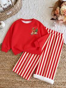 Baby Girls Autumn/Winter Thermal Lined Fashion Christmas Dachshund Print Top And Pants 2 Pieces Set, Suitable For Outings And Other Occasions - Multicolor - View 3