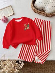 Baby Girls Autumn/Winter Thermal Lined Fashion Christmas Dachshund Print Top And Pants 2 Pieces Set, Suitable For Outings And Other Occasions - Multicolor - View 2