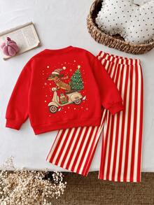 Baby Girls Autumn/Winter Thermal Lined Fashion Christmas Dachshund Print Top And Pants 2 Pieces Set, Suitable For Outings And Other Occasions - Multicolor - View 5