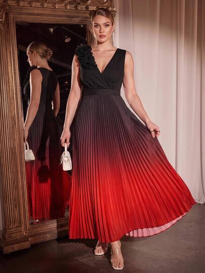 Cravure Rochie de petrecere pentru femei mărimi mari, fără mâneci, cu gradient, floral 3D, decolteu în V încrucișat, sexy, cu talie strânsă, efect laslăbitor, plisată dens, evazată tip A, cu imprimeu digital, negru și roșu, extra lungă