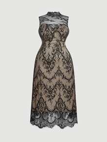 SHEIN MOD Plus Size Women's Lace Patchwork Elegant Cinched Waist Long ...
