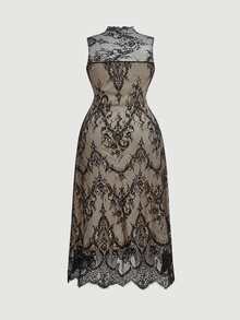 SHEIN MOD Plus Size Women's Lace Patchwork Elegant Cinched Waist Long ...