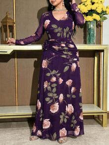 Modelyn Plus Size Floral Print Pleated 3D Flower Decor Long Sleeve Wedding Evening Night Dress Dinner Formal Theme Party Dark Purple Fall Celestial Elegant - Purple - View 4