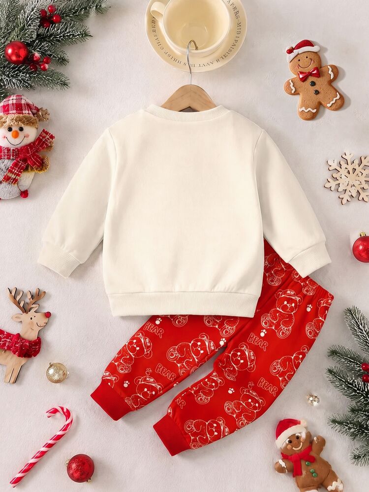 Infant Toddler Crew Neck Sweatshirt & Pants Casual Comfortable Set, Classic Christmas Pattern Print, Classic Christmas Deer Pattern Print, Classic Santa Claus Pattern Print, Christmas Gift Pattern Print, Cartoon Christmas Tree Pattern Print, Classic Cute Bear Pattern, Classic Christmas Snowflake Pattern Print, Suitable For Autumn/Winter, Suitable For Christmas - Multicolor - View 5