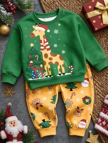 Infant Toddler Round Neck Sweatshirt And Pants Casual Comfortable Set, Classic Christmas Pattern Print, Classic Christmas Deer Pattern Print, Classic Santa Claus Pattern Print, Christmas Gift Pattern Print, Cartoon Christmas Tree Pattern Print, Classic Cute Bear Pattern, Classic Christmas Snowflake Pattern Print, Suitable For Autumn/Winter, Suitable For Christmas - Multicolor - View 3