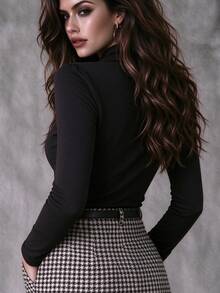 SHEIN 女款時尚優雅日常通勤長袖鈕扣領上衣 黑色冬季款 - 黑色 - 查看 2