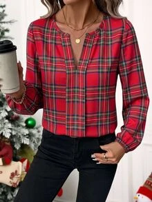 Easowa 新年冬季聖誕紅色格紋聖誕約會設計V領長袖女款休閒簡約襯衫 - 彩色 - 查看 7