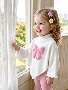 SHEIN 2件組幼兒女嬰上衣與喇叭褲套裝，可愛甜美白色粉色毛絨蝴蝶結荷葉邊羅紋長袖高領套頭連身褲，適合派對秋季穿著 - 白色 - 查看 1