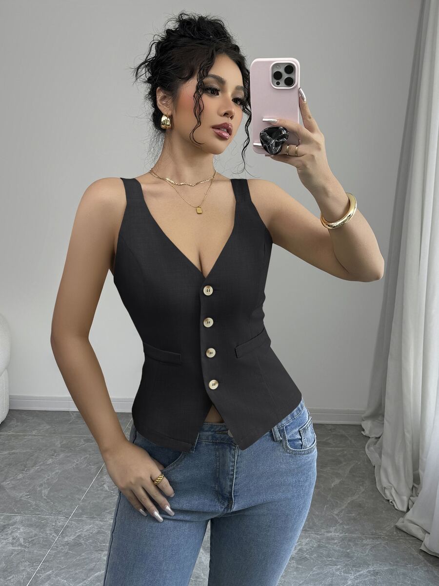 Elenzga Women's Solid Color Single-Breasted Casual Camisole - Black - View 1