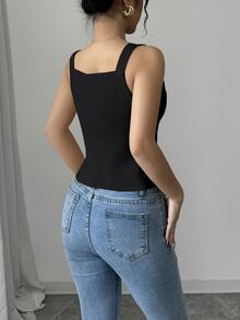 Elenzga Women's Solid Color Single-Breasted Casual Camisole - Black - View 2