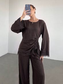 Siren Gaze Women's Fall/ New Lace Patchwork Casual Set Vacation Dark Purple - Brown - View 5
