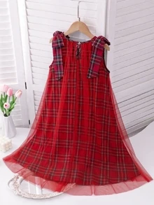 SHEIN Girls' Vintage British Red Plaid Mesh Dress, Large Bow Shoulder Decor, Patchwork Ruffle Hem, Loose A-Line Princess Dress, Holiday Photo Dress, Stylish Dress For Little Girls - Multicolor - View 4