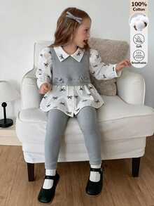 SHEIN 女童純棉套裝，灰色對比白色翻領假兩件式蝴蝶結印花長袖上衣 + 羅紋長褲，柔軟透氣甜美休閒童裝 - 淺灰色 - 查看 8