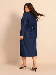 Elaquor 大尺碼女款缺口V領休閒日常夏季旅行牛仔洋裝，秋冬女裝，優雅、派對、休閒、約會 - 藍色 - 查看 3