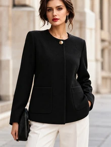 SHEIN Franclia Spring Fall 2026 New Arrival Gold Button Patch Pockets Office Casual Black French Chic Collarless Long Sleeve Fitted Cropped Blazer - Black - View 1