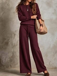 SHEIN Minimalist Casual Commuter Brunch Knit SetDropped Shoulder Long Sleeve Top High Waist Straight Wide Leg Pants Fall Work Outfits For Women - Burgundy - View 5