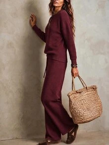 SHEIN Minimalist Casual Commuter Brunch Knit SetDropped Shoulder Long Sleeve Top High Waist Straight Wide Leg Pants Fall Work Outfits For Women - Burgundy - View 4