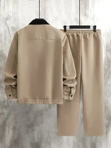Manfinity Homme 男士拼色翻領拉鍊夾克搭配純色休閒長褲套裝 - 卡其色 - 查看 7
