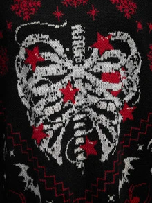 ROMWE Dark Christmas Gothic Skull Skeleton Jacquard Pattern Plus Size Loose Fit Pullover Long Sweater - Black - View 3