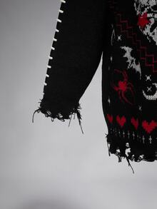 ROMWE Dark Christmas Gothic Skull Skeleton Jacquard Pattern Plus Size Loose Fit Pullover Long Sweater - Black - View 4