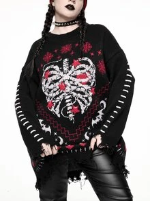 ROMWE Dark Christmas Gothic Skull Skeleton Jacquard Pattern Plus Size Loose Fit Pullover Long Sweater - Black - View 1