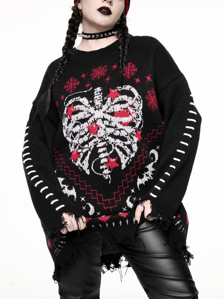 ROMWE Dark Christmas Gothic Skull Skeleton Jacquard Pattern Plus Size Loose Fit Pullover Long Sweater - Black - View 1