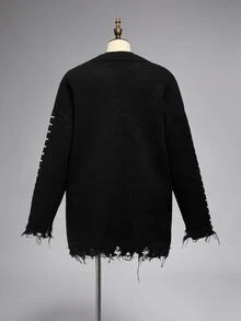 ROMWE Dark Christmas Gothic Skull Skeleton Jacquard Pattern Plus Size Loose Fit Pullover Long Sweater - Black - View 2