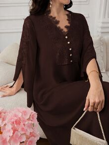 Al Najma Plus Size Women Solid Color Contrast Lace V-Neck Slit Long Sleeve Elegant Arabian Dress - Brown - View 10