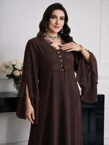 Al Najma Plus Size Women Solid Color Contrast Lace V-Neck Slit Long Sleeve Elegant Arabian Dress - Brown - View 6