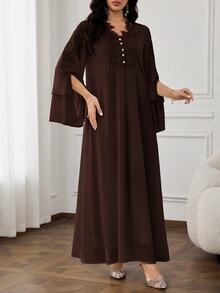 Al Najma Plus Size Women Solid Color Contrast Lace V-Neck Slit Long Sleeve Elegant Arabian Dress - Brown - View 7