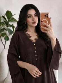 Al Najma Plus Size Women Solid Color Contrast Lace V-Neck Slit Long Sleeve Elegant Arabian Dress - Brown - View 5