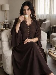 Al Najma Plus Size Women Solid Color Contrast Lace V-Neck Slit Long Sleeve Elegant Arabian Dress - Brown - View 3