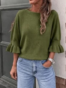 Elouméa Vintage American Style Mature Woman Aesthetic Slimming Elastic Soft Knit Sweater - Olive Green - View 8