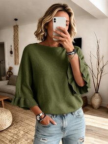 Elouméa Vintage American Style Mature Woman Aesthetic Slimming Elastic Soft Knit Sweater - Olive Green - View 1
