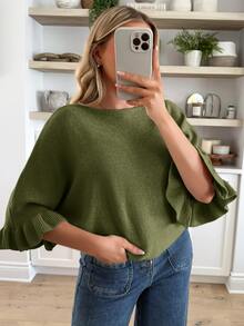 Elouméa Vintage American Style Mature Woman Aesthetic Slimming Elastic Soft Knit Sweater - Olive Green - View 7